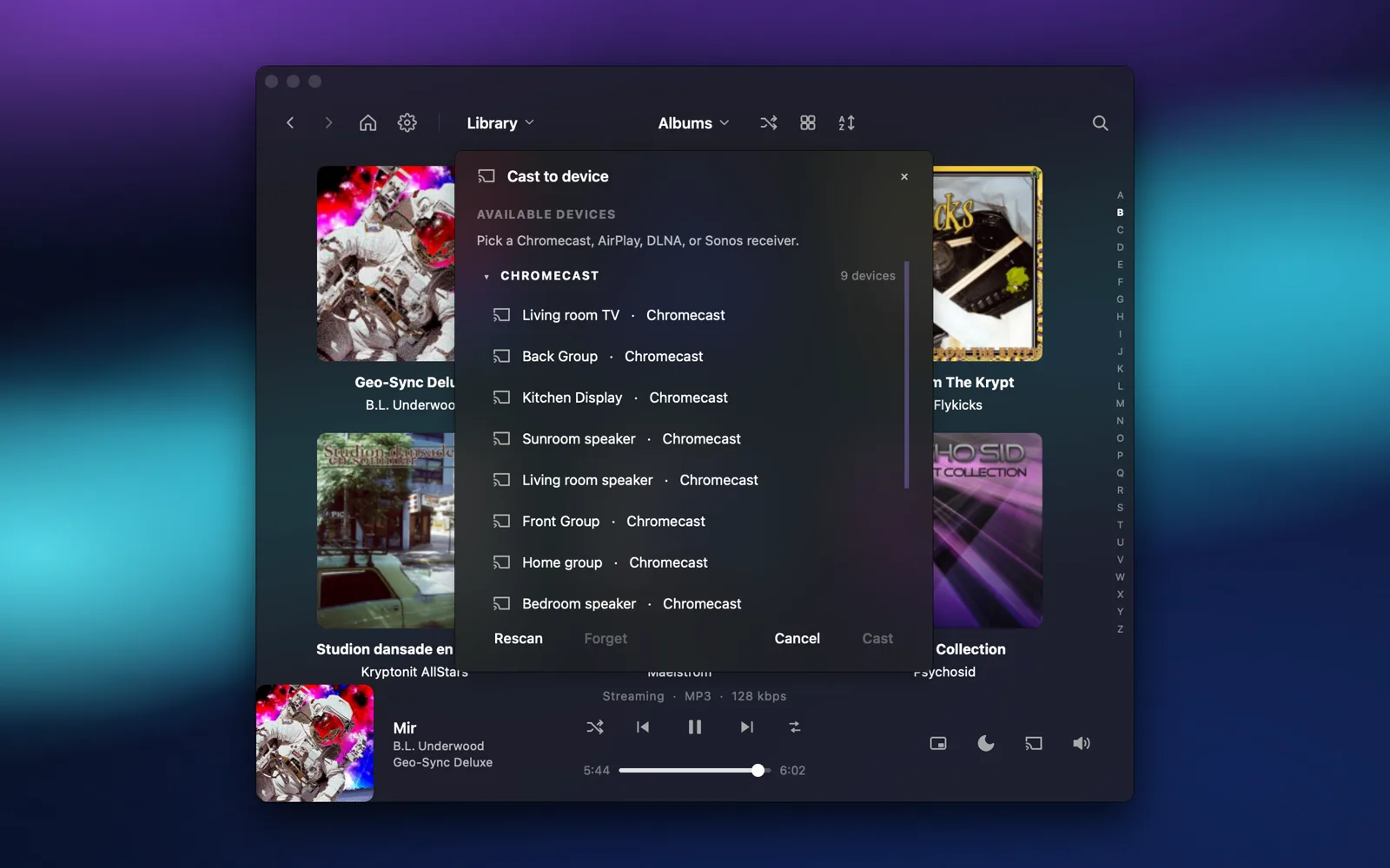 Cast menu — Chromecast, AirPlay, DLNA and Sonos receivers