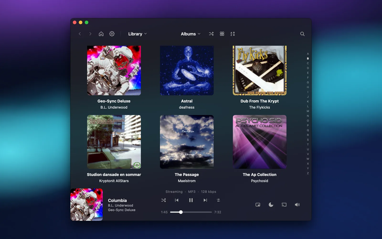 Music library — album grid over frosted glass with an A–Z jump rail