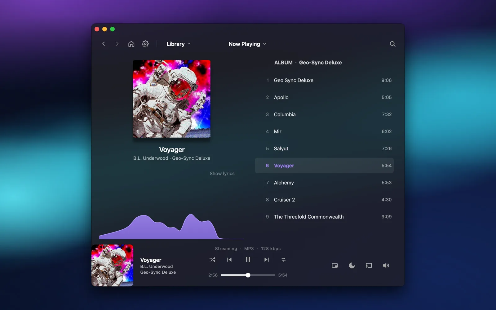 Now Playing view — album art, track list and live visualizer