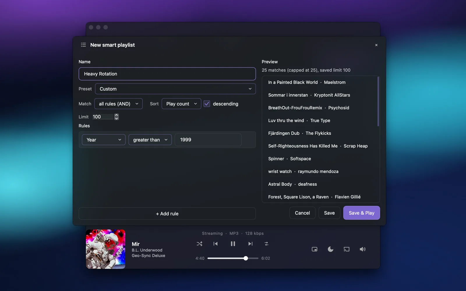 Smart playlist editor — rules with a live match preview